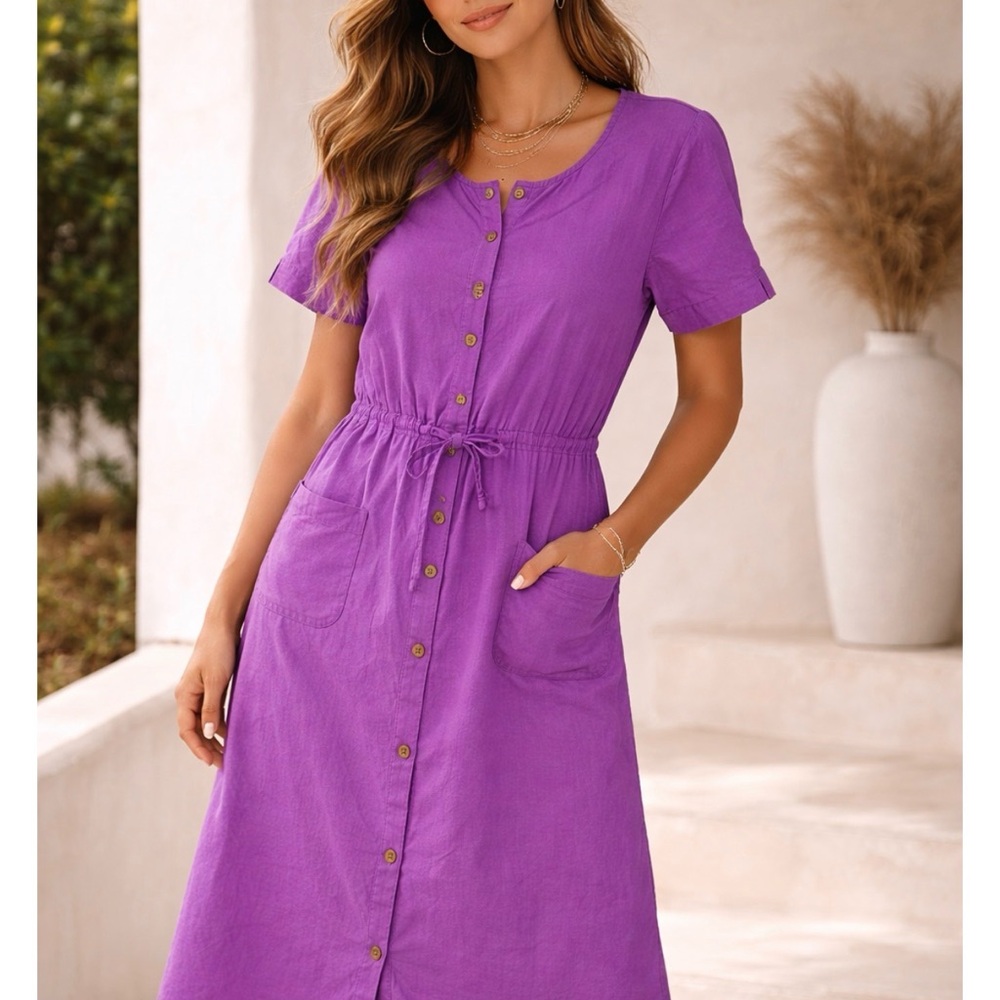 VTG Appleseeds size medium Purple Button-Front Drawstring Midi Dress,cotton